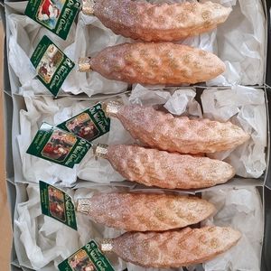 Natural Glistening Cone Pinecone Old World Christmas Glass Ornament set of 6